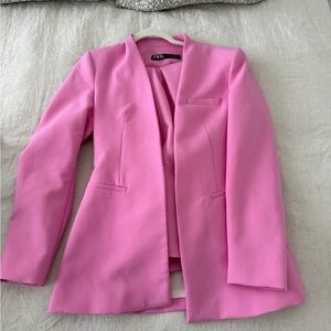 Zara Pink Collarless Tailored Blazer